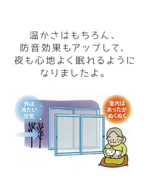 温かさはもちろん、 防音効果もアップして、 夜も心地よく眠れるように なりましたよ。